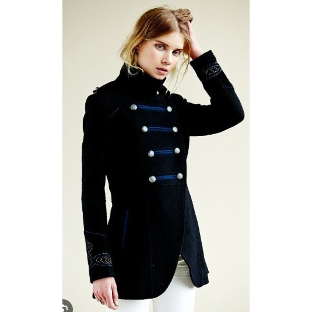 Free People Military Band Jacket Womens 10 Black Wool Blend Peacoat Goth Flawed